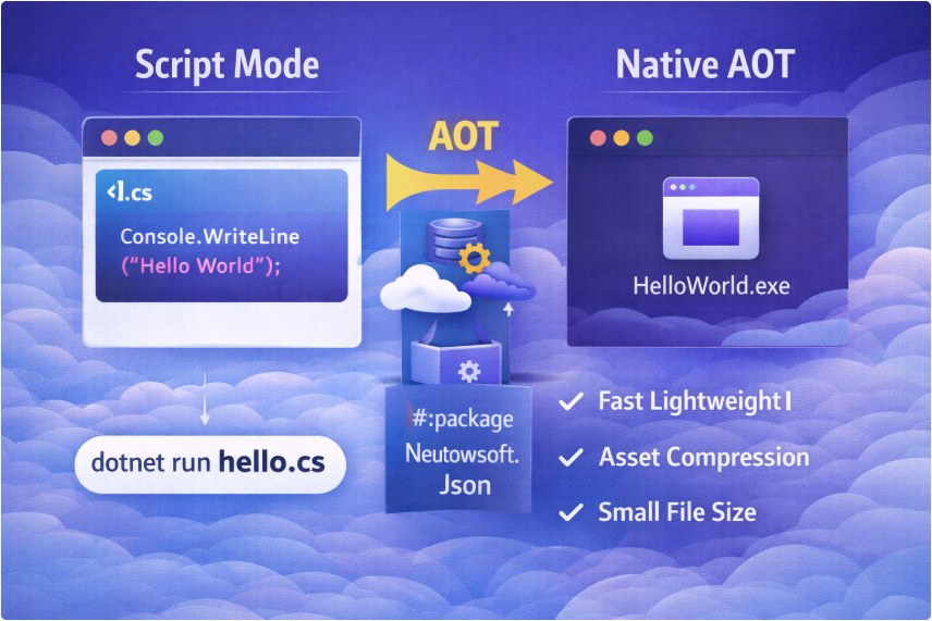 Comparison of script mode and Native AOT compilation in .NET 10