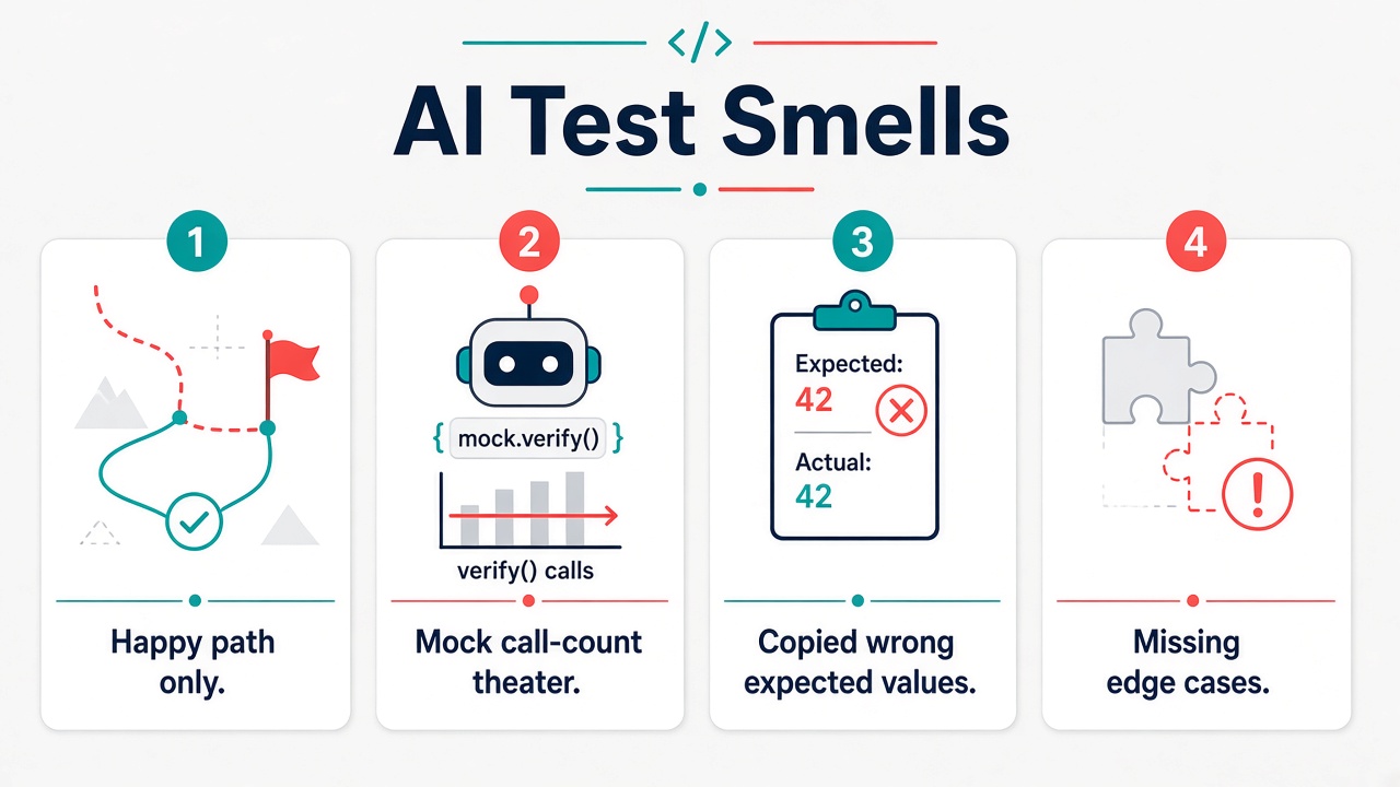 Four AI test smells: happy path, mock theater, copied expected values, and missing edge cases