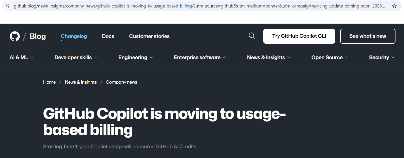 Copilot pricing page showing June 1 change
