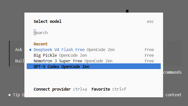 models list with free models visible