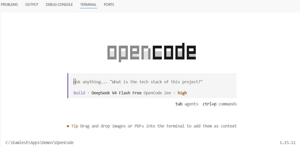OpenCode TUI running inside VS Code