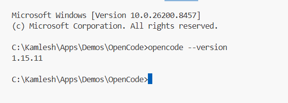 Terminal showing opencode version
