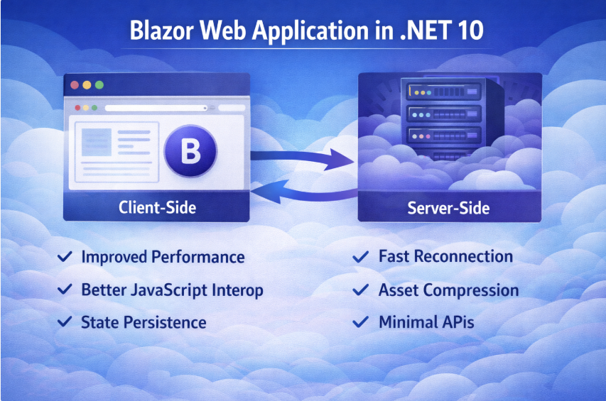 Blazor web application architecture in .NET 10 showing client and server interaction