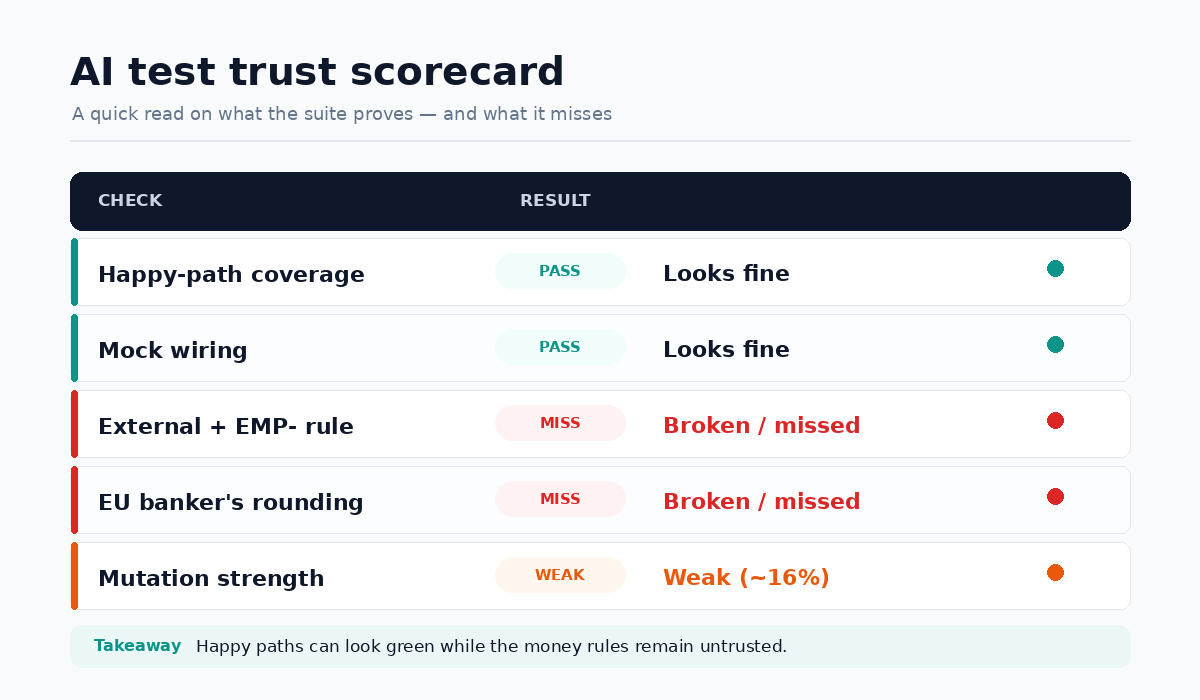 Test trust scorecard for coverage, business rules, rounding, and mutation strength